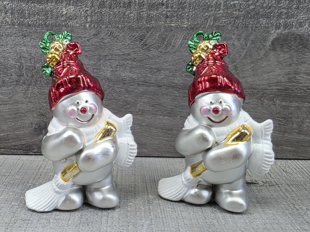 Holiday Time Decorated Glass Snowmen Christmas Ornaments Set Of 2 Vtg g51d